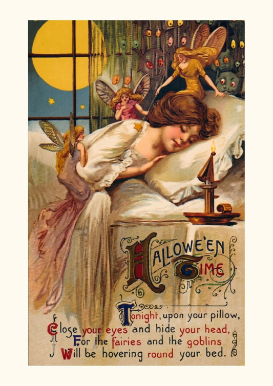 Carte Halloween greetings | petite fille au lit