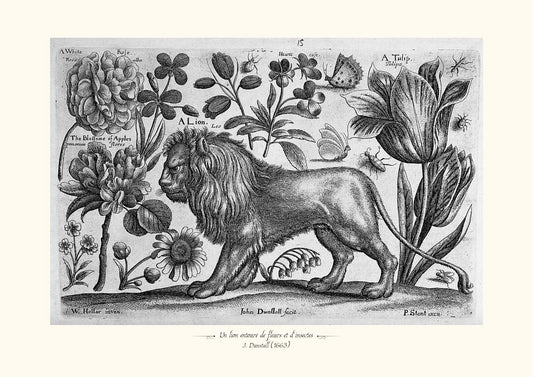 Un lion entouré de fleurs et d'insectes